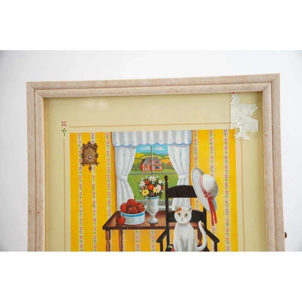 Steven‎ Klein Cat Print Wooden Wall Cabinet Small Tan Cork Board Shelves Good